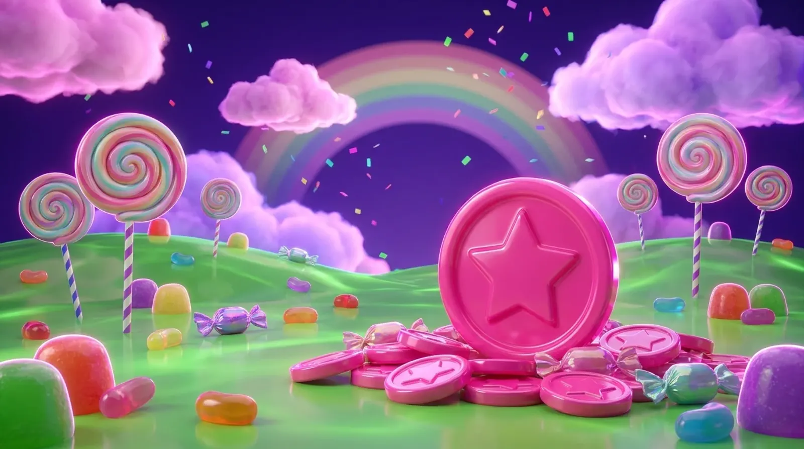 Giant pink LSU candy coin with a star among smaller coins and sweets — the Lussurio bonus currency