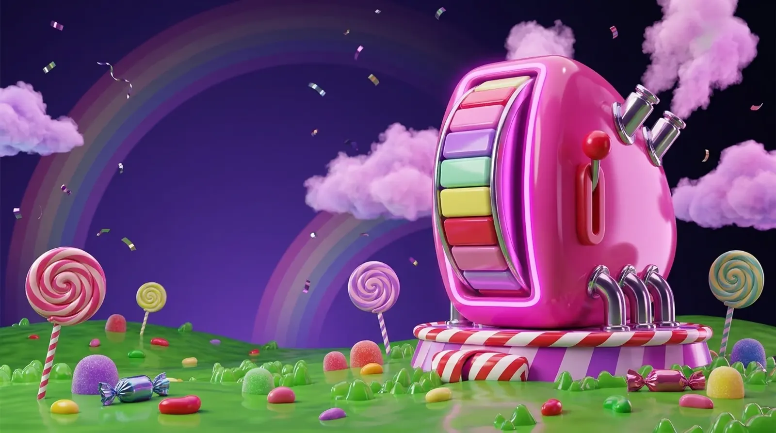 Pink candy Engine of Fortune machine with a candy wheel on the striped podium
