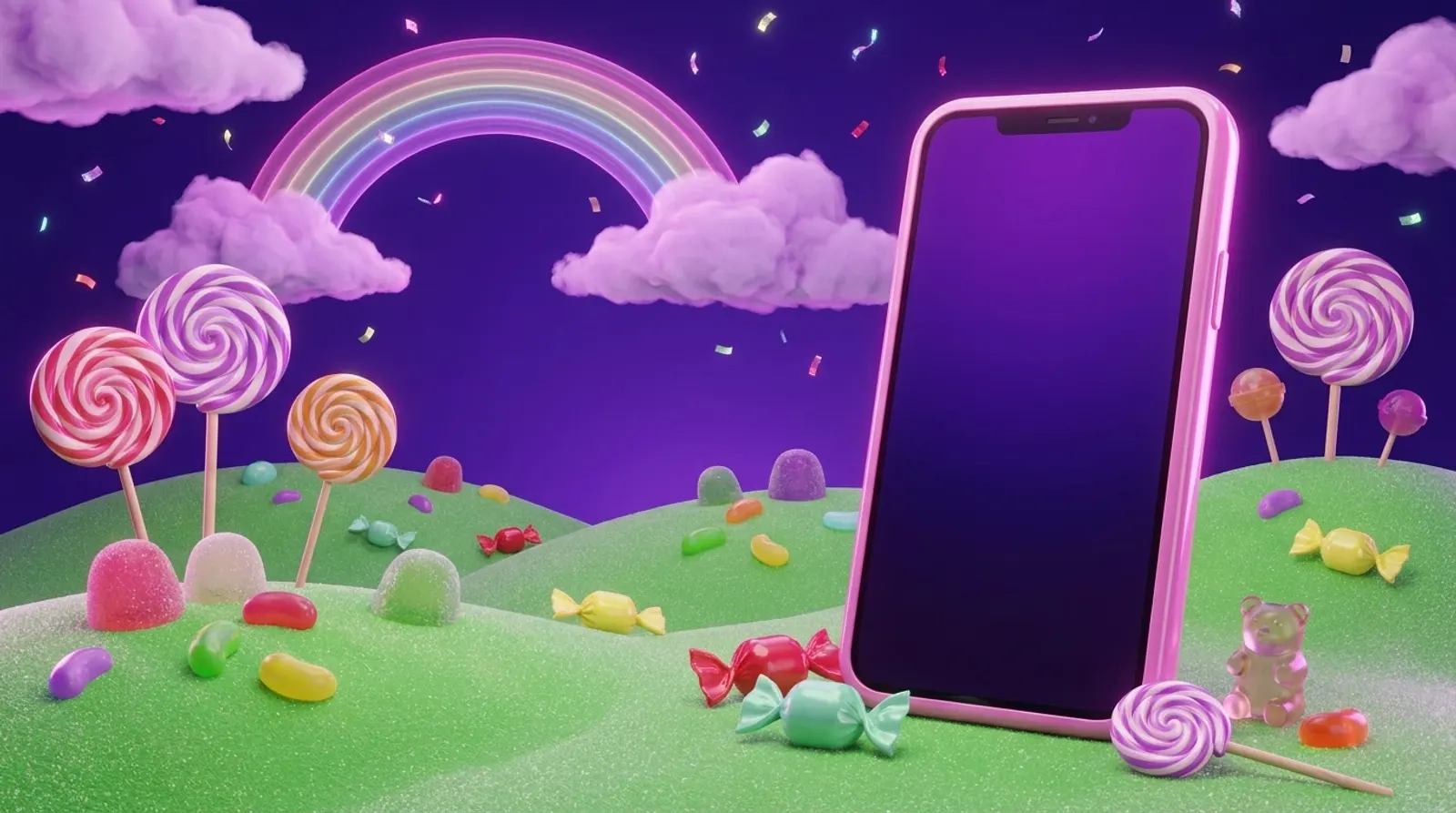 A pink candy smartphone standing on the Lussurio candy meadow, lollipops and coins around it