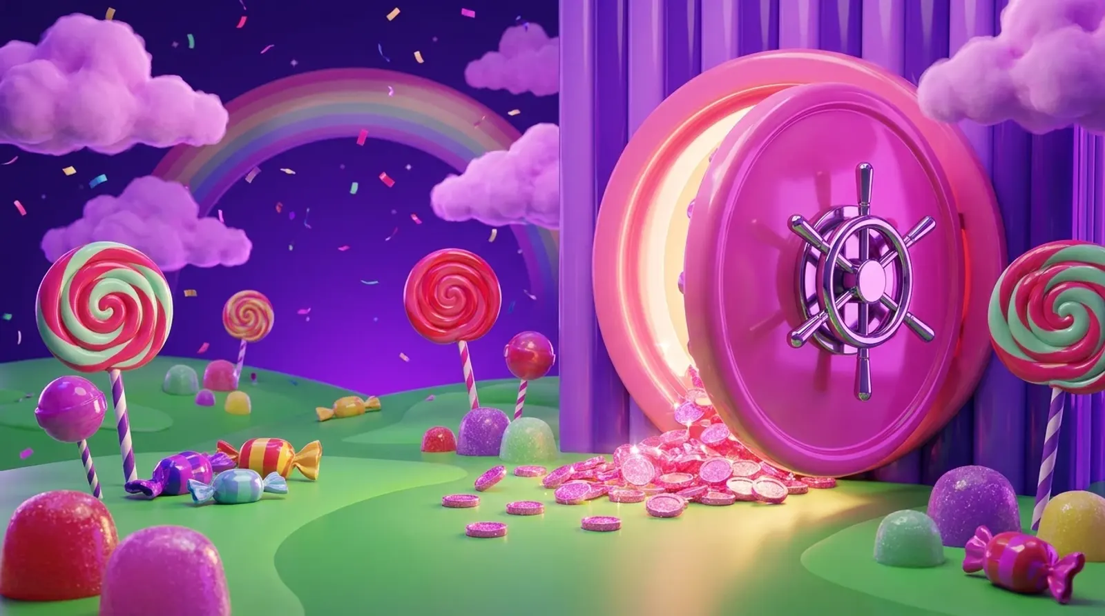 Pink candy vault door swinging open and spilling LSU coins